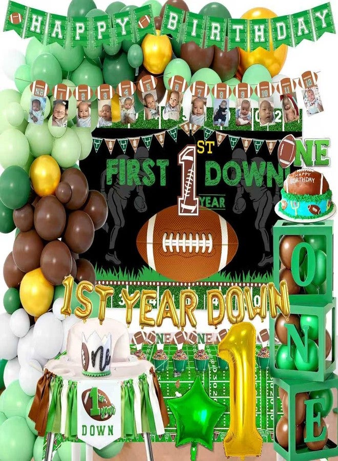 BEOXAGAR 183 PCs 1st Year Down Football Birthday Party Decorations,First Year Down Football Decorations for Boys with 1st Year Down tablecloth, Photo Banner, Balloons, Cake Topper, High Chair Banner.... - Image 1